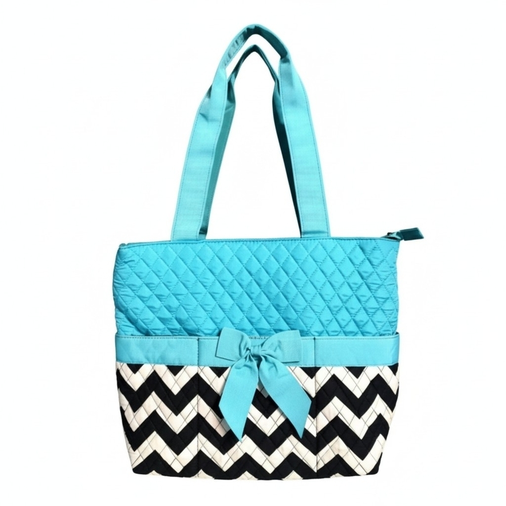 Aqua Blue And Black Chevron Stripe Diaper Bag With Changing Mat